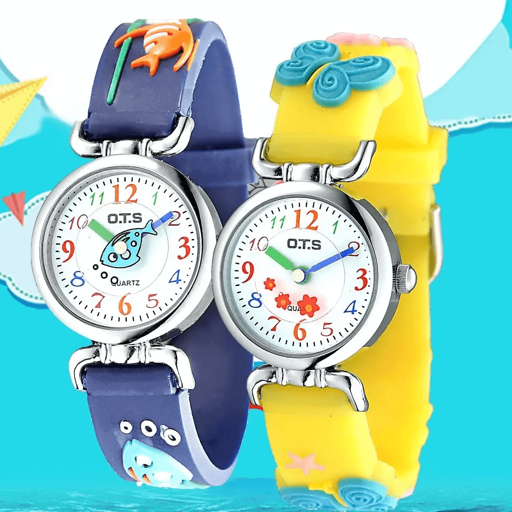 Kinder horloge met extra grote cijfers, cartoon wijzerplaat en 3D tekening bandje speels en kleurrijk